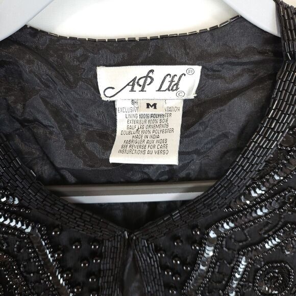 Silk Open Jacket Beaded Sequin AP Ltd Women M Black Evening Cocktail Festive Vtg - Picture 8 of 16